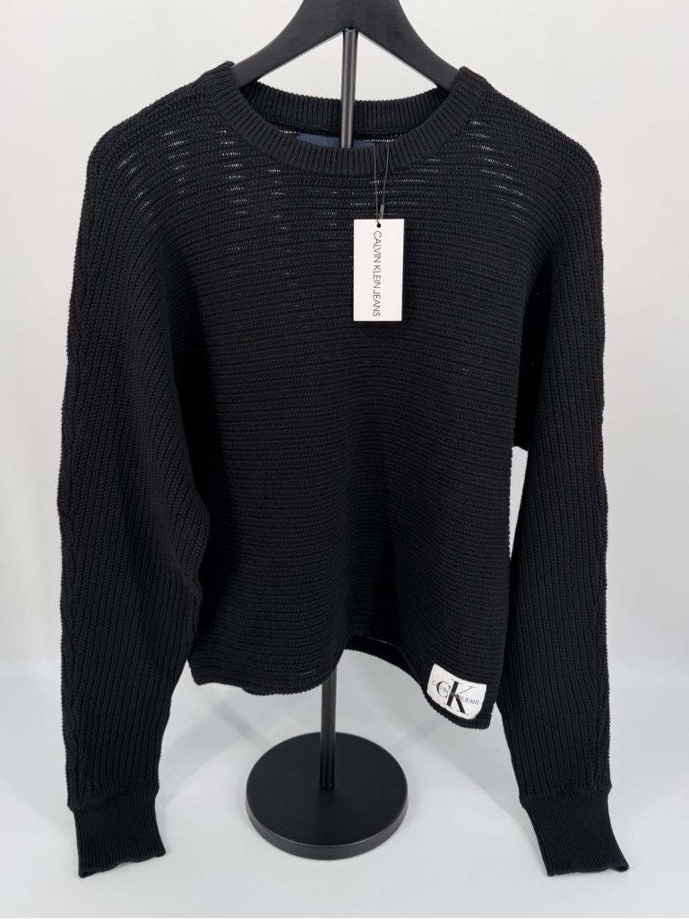Calvin Klein Jeans Womens Sweater Black Knit Cotton Crewneck Logo S NWT